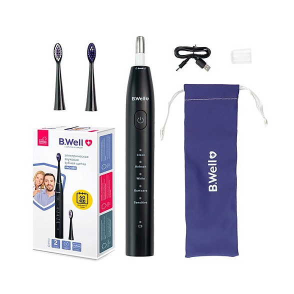 Электрическая звуковая зубная щетка, модель PRO-850 с аккумулятором (5 режимов, в комплекте 2 насадки, кабель usb, сумка для хранения, гигиенический колпачок) (Черная)