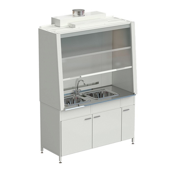 Шкаф вытяжной с двойной мойкой и ВЗБ светильником 1520х750х2160 мм, рабочая поверхность - нержавеющая сталь