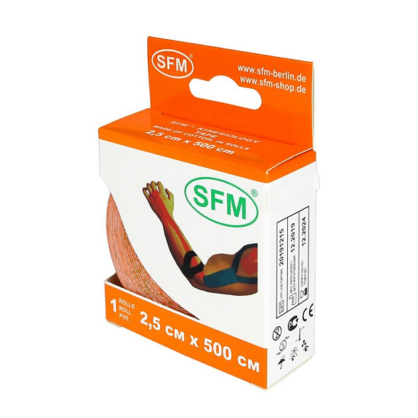 Лента кинезиологическая SFM-Plaster, на хлопковой основе, 2,5см Х 500см, оранжевого цвета, в диспенсере
