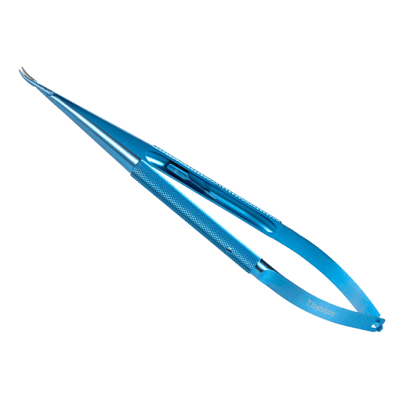 Иглодержатель микрохирургический, изогнутая рабочая часть, толщина ручки 8,5 мм, ширина рабочей части 1,2 мм, общая длина 180 мм, замок - U, титан