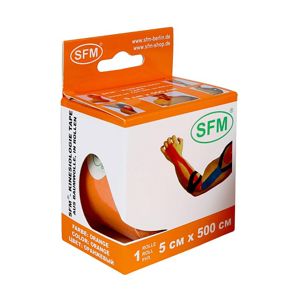 Лента кинезиологическая SFM-Plaster, на хлопковой основе, 5см Х 500см, оранжевого цвета, в диспенсере