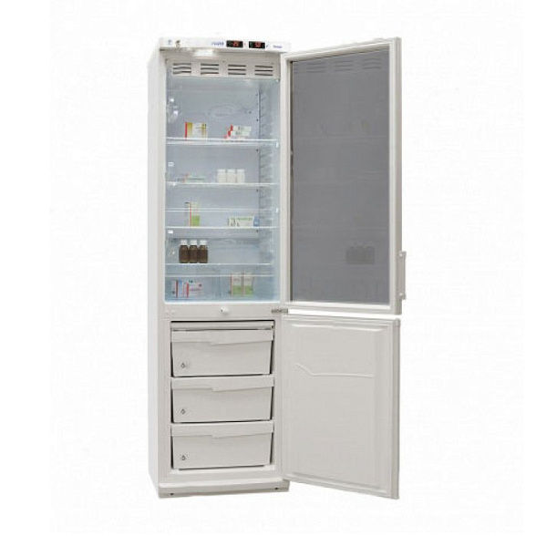 Холодильник комбинированный лабораторный ХЛ-340-1(ТС) ПОЗиС (270/130 л) с тонированной стеклянной дверью, дверью из металлопласта и блоком управления БУ-М01, серебро