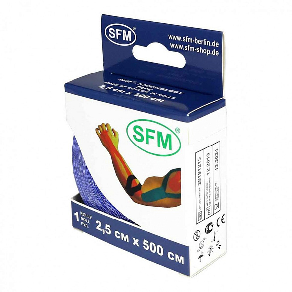 Лента кинезиологическая SFM-Plaster, на хлопковой основе, 2,5см x 500см, синего цвета, в диспенсере