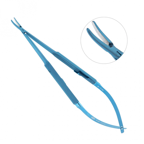 Иглодержатель микрохирургический, изогнутая рабочая часть, толщина ручки 8 мм, ширина рабочей части 1,0 мм, общая длина 160 мм, замок - U, титан