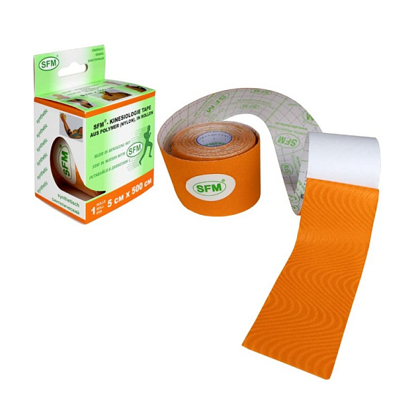 Лента кинезиологическая SFM-Plaster, на полимерной основе (нейлон), 5см Х 500см, оранжевого цвета, в диспенсере