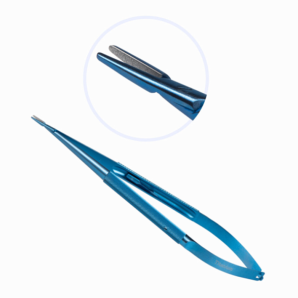 Иглодержатель микрохирургический, прямая рабочая часть, толщина ручки 8,5 мм, ширина рабочей части 1,0 мм, общая длина 180 мм, замок - L, титан