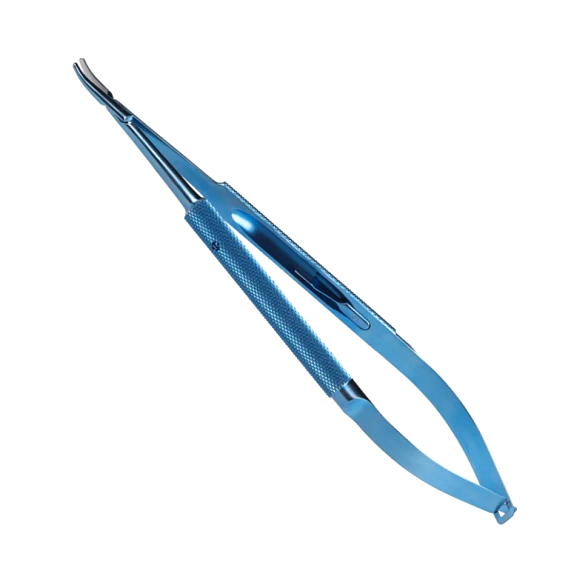 Иглодержатель микрохирургический, изогнутая рабочая часть, толщина ручки 8 мм, ширина рабочей части 0,8 мм, общая длина 160 мм, замок - U, титан