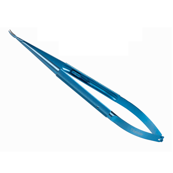 Иглодержатель микрохирургический, изогнутая рабочая часть, толщина ручки 8,5 мм, ширина рабочей части 1,0 мм, общая длина 180 мм, замок - L, титан