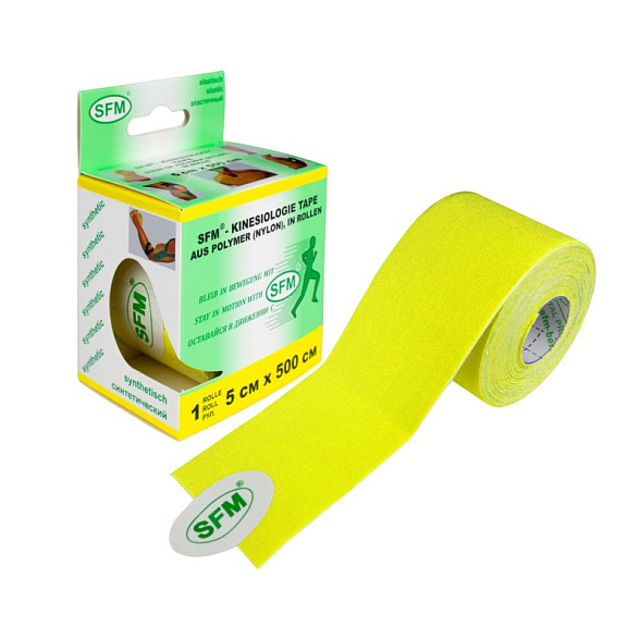Лента кинезиологическая SFM-Plaster, на полимерной основе (нейлон), 5см Х 500см, жёлтого цвета, в диспенсере