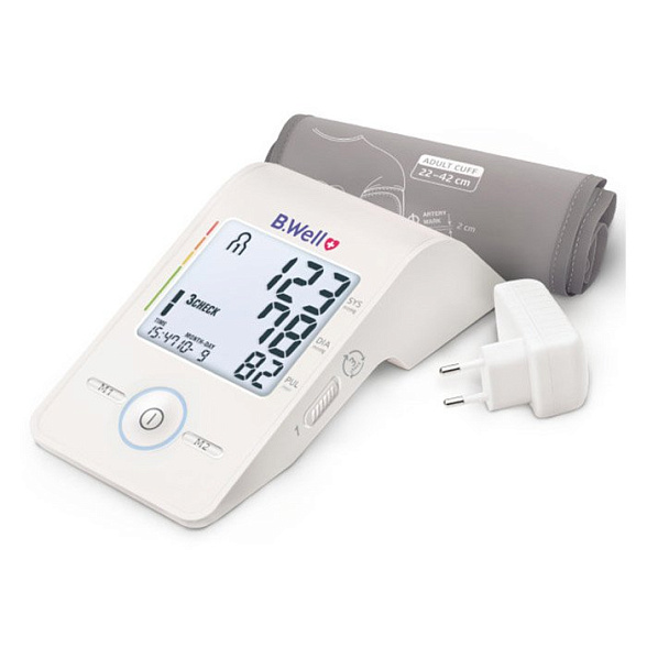 Тонометр автомат. MED-55+адаптер, 3check, дисплей-светофор, питание от MicroUSB, Intellect Active, индикатор аритмии, память 2x60, дата и время, цветная шкала давления, конусная манжета M-L (22-42 см)