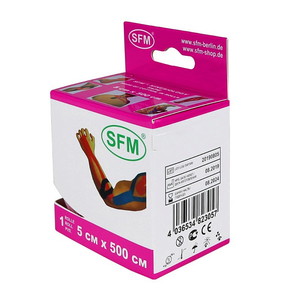 Лента кинезиологическая SFM-Plaster, на хлопковой основе, 5см Х 500см, розового цвета, в диспенсере