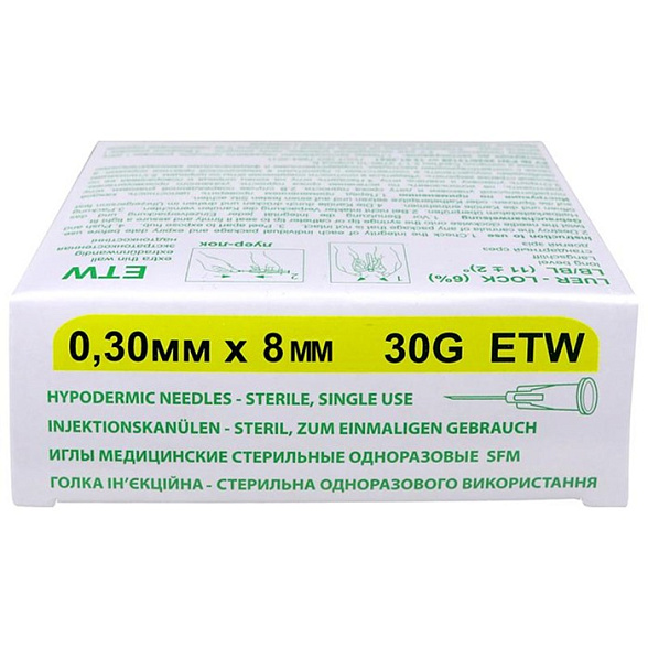 Иглы медицинские стерильные одноразовые SFM 0,30мм х 8 мм 30G ETW №50