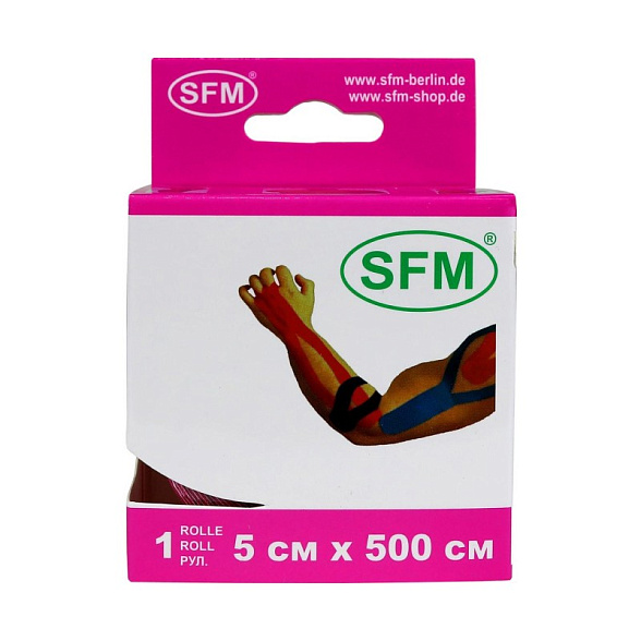 Лента кинезиологическая SFM-Plaster, на хлопковой основе, 5см Х 500см, розового цвета, в диспенсере
