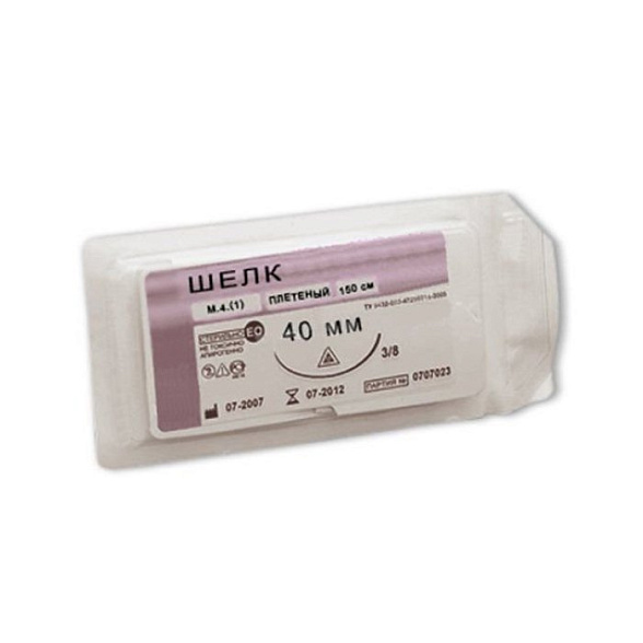 Шовный материал Шелк М 3 (2/0), игла колющая, 30 мм, 1/2 (75 см)