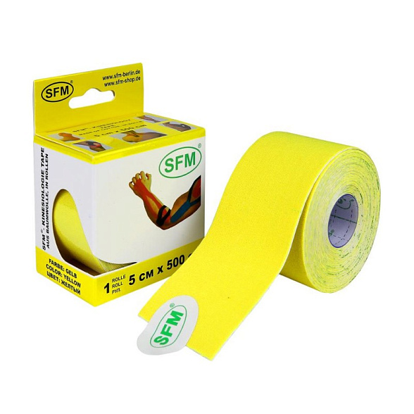 Лента кинезиологическая SFM-Plaster, на хлопковой основе, 5см Х 500см, желтого цвета, в диспенсере