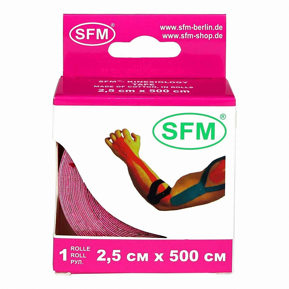 Лента кинезиологическая SFM-Plaster, на хлопковой основе, 2,5см Х 500см, розового цвета, в диспенсере