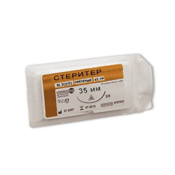 Шовный материал Стеритер М 1,5 (4/0), игла обратно-режущая, 25 мм, 1/2 (45 см)