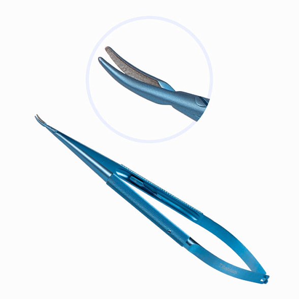 Иглодержатель микрохирургический, изогнутая рабочая часть, толщина ручки 8,5 мм, ширина рабочей части 1,0 мм, общая длина 180 мм, замок - L, титан