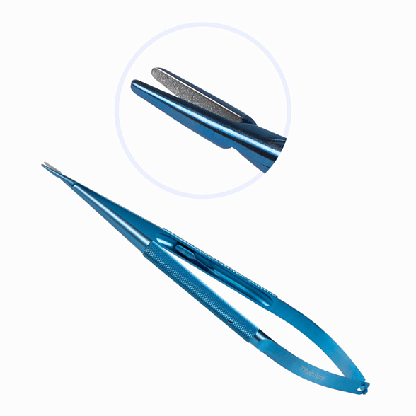 Иглодержатель микрохирургический, прямая рабочая часть, толщина ручки 8,5 мм, ширина рабочей части 1,2 мм, общая длина 180 мм, замок - U, титан