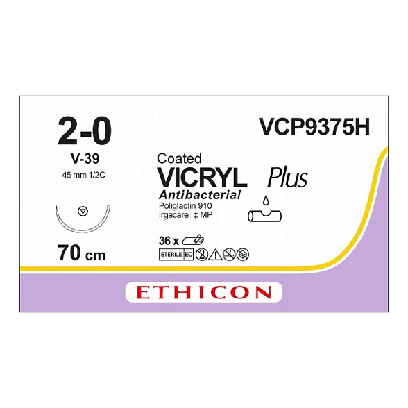 Шовный материал ВИКРИЛ ПЛЮС 2/0 70 см. фиолетовый Кол.-реж. 45 мм. 1/2 Ethicon