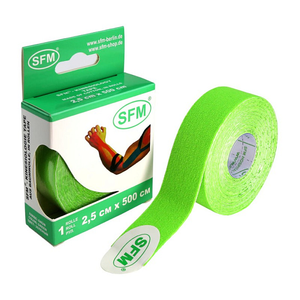 Лента кинезиологическая SFM-Plaster, на хлопковой основе, 2,5см Х 500см, зеленого цвета, в диспенсере