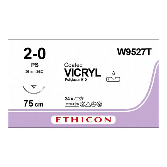 Шовный материал ВИКРИЛ 2/0. 75 см неокрашенный Прайм обр.-реж. 26 мм. 3/8 Ethicon