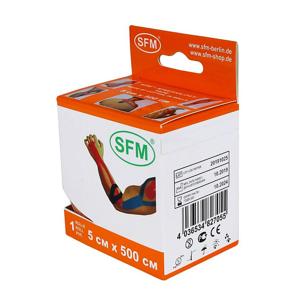 Лента кинезиологическая SFM-Plaster, на хлопковой основе, 5см Х 500см, оранжевого цвета, в диспенсере
