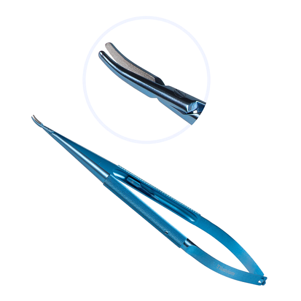 Иглодержатель микрохирургический, изогнутая рабочая часть, толщина ручки 8,5 мм, ширина рабочей части 1,2 мм, общая длина 180 мм, замок - U, титан