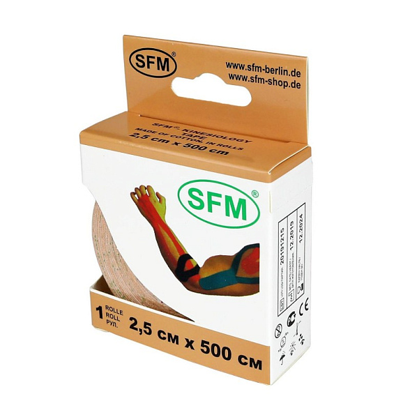 Лента кинезиологическая SFM-Plaster, на хлопковой основе, 2,5см Х 500см, бежевого цвета, в диспенсере