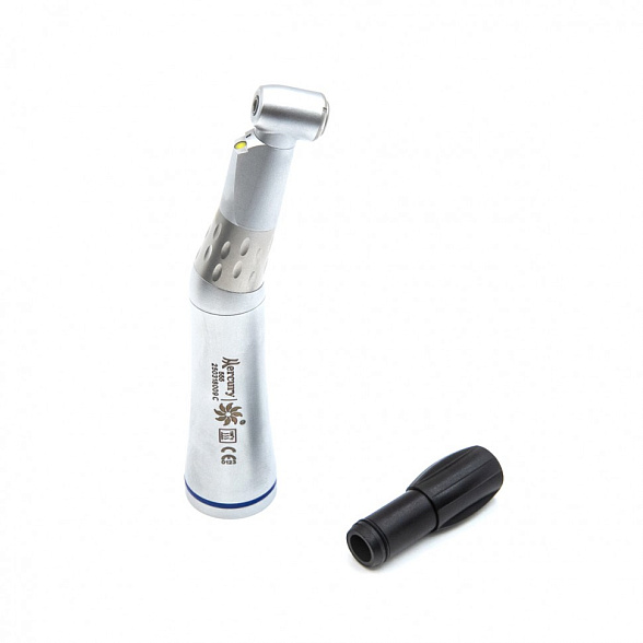 555 - угловой наконечник с генератором света, внутренним охлаждением и кнопочным зажимом бора, 1:1, для CA-боров 2,35 мм, Mercury