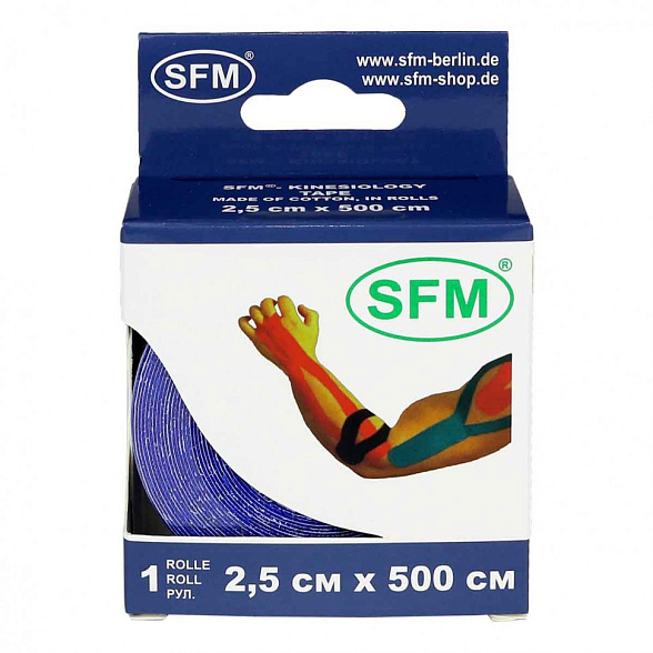 Лента кинезиологическая SFM-Plaster, на хлопковой основе, 2,5см x 500см, синего цвета, в диспенсере