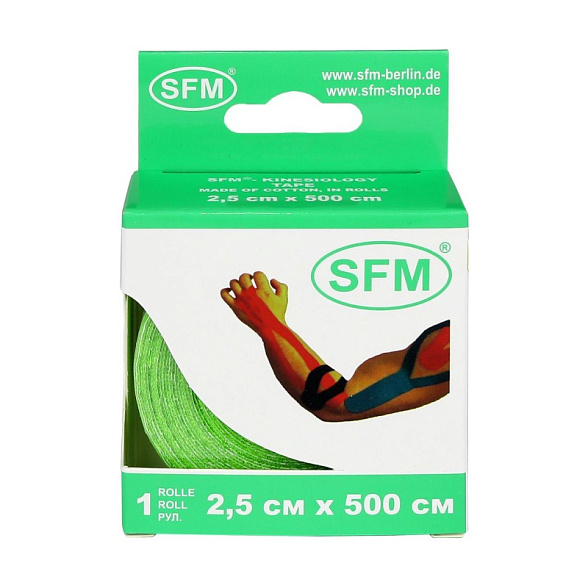 Лента кинезиологическая SFM-Plaster, на хлопковой основе, 2,5см Х 500см, зеленого цвета, в диспенсере