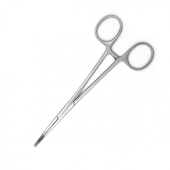 Зажим медицинский MIKULICZ, с кремальерой для прикрепления белья к брюшине, детский, изогнутый, 160 мм (З-116р), МИЗТ