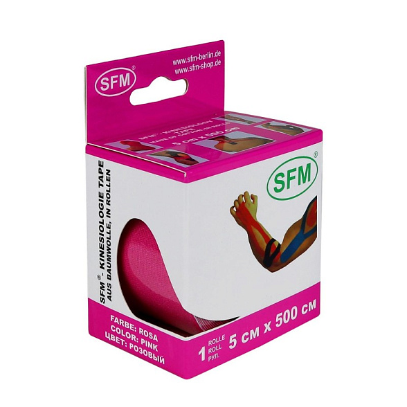 Лента кинезиологическая SFM-Plaster, на хлопковой основе, 5см Х 500см, розового цвета, в диспенсере