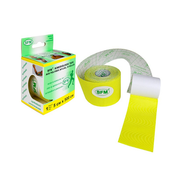 Лента кинезиологическая SFM-Plaster, на полимерной основе (нейлон), 5см Х 500см, жёлтого цвета, в диспенсере