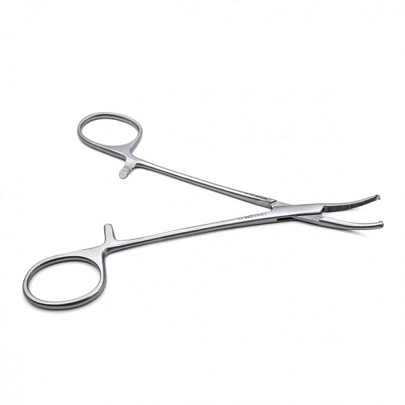 Зажим медицинский KOCHER, кровоостанавливающий 1х2 зубый, зубчатый, изогнутый, № 1, 150 мм (З-21-1р), МИЗТ